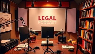 A vibrant and dynamic podcast studio setup with microphones, soundproofing panels, and legal-themed decorations, showcasing a professional and engaging environment for recording legal podcast episodes, surrounded by legal books and technology, symbolizing knowledge and innovation in legal podcasting.