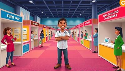 An animated character navigating through a virtual career fair with various booths representing different professions, showcasing the gamified and interactive approach of CareerQuest Play in career exploration.