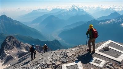 An exhilarating mountain trekking scene with climbers navigating rugged terrain, breathtaking vistas, and a sense of accomplishment, encapsulating the spirit of adventure and exploration offered by the bespoke adventure travel experiences curated by the service.