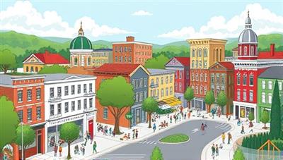 An artistic rendering of a vibrant, renovated neighborhood featuring restored buildings, green spaces, and bustling community activities, symbolizing the positive impact of ReviveCommunities' crowdfunding platform on local revitalization efforts.