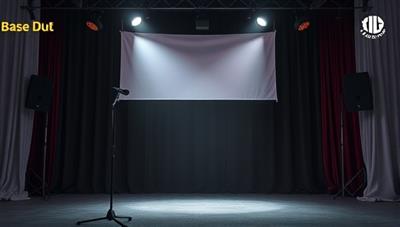 A stage setup with a microphone stand, spotlight, and a banner that reads 