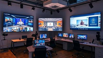 A virtual event planning agency workspace with digital screens displaying virtual event layouts, attendee engagement strategies, and interactive features, showcasing the agency's expertise in creating immersive and engaging online experiences for clients and participants.