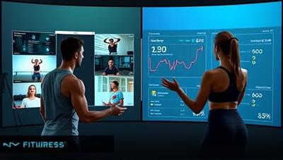 A split-screen visual showing a fitness coach guiding a client through a virtual workout session, with interactive exercise demos on one side and real-time performance tracking on the other, highlighting the platform's dynamic and engaging features.