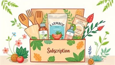 An artistic illustration of a vibrant and nature-inspired subscription box filled with an assortment of sustainable products like bamboo utensils, reusable cloth bags, and organic skincare items, conveying a commitment to environmental sustainability.