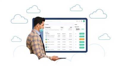 An image of a small business owner managing payroll on the PayCloud platform, with a user-friendly interface displaying employee details, payment schedules, and tax calculations, surrounded by cloud icons symbolizing efficiency and accessibility in payroll management.