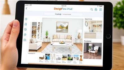 A virtual room design concept displayed on a tablet screen, showcasing a beautifully decorated living space with interactive elements like color swatches, furniture selections, and decor recommendations, providing a visual representation of the virtual design consultation service offered by DesignFlow Virtual.