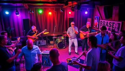 A dynamic music jamming lounge filled with musicians playing various instruments, singers performing on a stage, and participants interacting and collaborating in a vibrant and creative musical space, with colorful lights and a cozy ambiance that inspires musical expression and connection.