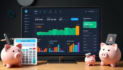 A digital financial dashboard displaying personalized investment recommendations and budgeting insights, surrounded by financial charts, calculators, and piggy banks, illustrating the convenience and guidance provided by FinGenie's AI-powered financial advice platform.