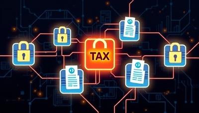 An illustration of interconnected blockchain blocks representing secure tax transactions, with digital tax documents flowing seamlessly between them, symbolizing automated and transparent tax compliance through technology.