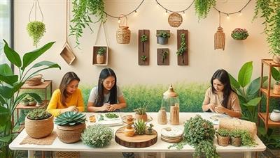 An artistic representation of a virtual eco-friendly crafting workshop with participants using recycled materials, natural elements, and sustainable tools to create handmade crafts, surrounded by lush greenery and earthy tones, symbolizing creativity and environmental stewardship in crafting.