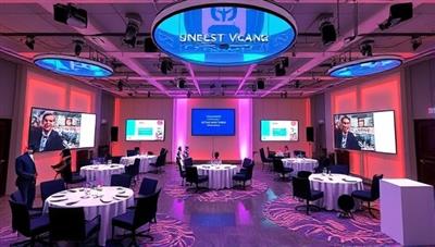 A digital rendering of a virtual event setup with interactive features, networking lounges, and speaker sessions, illustrating the immersive and engaging environment created by VirtuPlan Events for virtual gatherings.