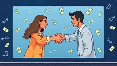 An illustration of two diverse individuals shaking hands through a digital screen, symbolizing a secure and transparent peer-to-peer lending transaction, with virtual money symbols floating around them depicting financial exchange.