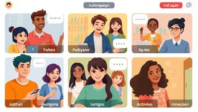 An interactive language learning interface featuring diverse characters engaging in virtual conversations, interactive quizzes, and cultural immersion activities, creating a dynamic and engaging platform for language acquisition.