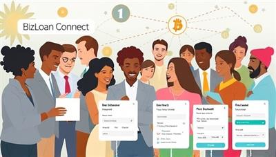 An engaging visual of a diverse group of small business owners and lenders connecting and collaborating on the BizLoan Connect platform, with digital loan application forms, funding options, and growth projections, illustrating the ease and accessibility of securing business loans online.