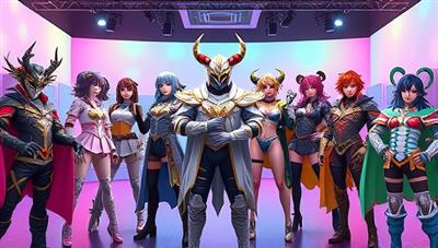 A digital cosplay studio with a diverse range of virtual avatars dressed in elaborate costumes and accessories, striking dynamic poses in a vibrant and colorful virtual environment, showcasing the creativity and diversity of virtual cosplay culture.