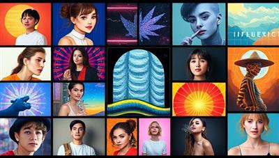 A dynamic digital art gallery featuring a diverse range of online creators, influencers, and artists represented by Influencio, with vibrant visuals and creative expressions showcasing the talent and diversity fostered by the virtual talent agency, inspiring collaboration and innovation.