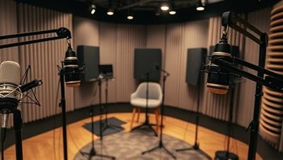 An image of a professional recording studio setup with microphones, soundproofing panels, and recording equipment, capturing the essence of podcast production and showcasing the high-quality content creation for LegalWise Podcasts.