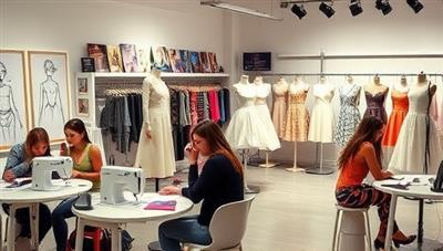 A chic design studio setting with teens sketching fashion illustrations, working on sewing machines, draping fabrics on mannequins, and showcasing their finished garments on a runway, surrounded by mood boards, fabric swatches, and fashion magazines, creating a vibrant and creative fashion design atmosphere.