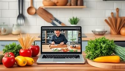 An inviting kitchen setup with fresh ingredients, cooking utensils, and a laptop displaying a live virtual cooking class led by a chef, showcasing the interactive and educational nature of the culinary experience.