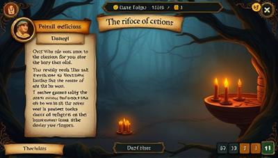 An interactive storytelling game interface showing a player making a crucial decision that affects the narrative outcome, with captivating visuals and engaging story elements, highlighting the immersive and interactive nature of TaleForge's subscription service.