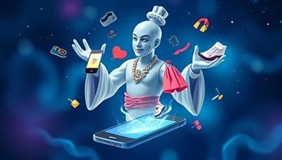 An artistic representation of a virtual shopping assistant in the form of a genie emerging from a smartphone, presenting various fashion items and deals to the user, symbolizing the magical shopping experience powered by AI technology.