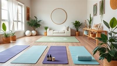 A serene wellness center setting with calming decor, yoga mats, essential oils, and green plants, creating a tranquil and inviting space for wellness coaching sessions, meditation practices, and fitness classes, promoting a holistic approach to health and well-being.