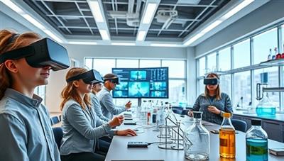 An immersive VR classroom setting with students wearing VR headsets, virtually interacting with scientific experiments and equipment in a futuristic lab environment, illustrating the blend of technology and hands-on learning.