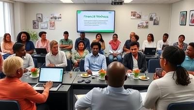 A vibrant virtual workshop setting with diverse participants engaged in financial discussions, interactive activities, and learning sessions led by a financial expert, conveying a sense of community, learning, and empowerment in financial wellness.