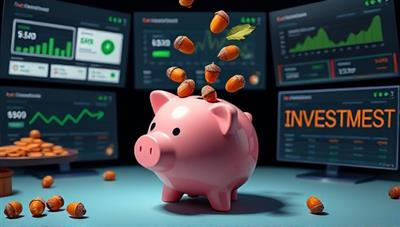 An engaging visual of acorns dropping into a piggy bank symbolizing savings and investments, surrounded by digital screens displaying investment portfolios and financial advice, capturing the concept of micro-investing with Acorn Accounts.