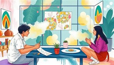 An expressive digital illustration of a virtual art therapy session within ArtFlow, featuring participants engaging in creative artwork, sharing emotions, and experiencing therapeutic release through artistic expression, symbolizing healing, self-discovery, and emotional wellness.
