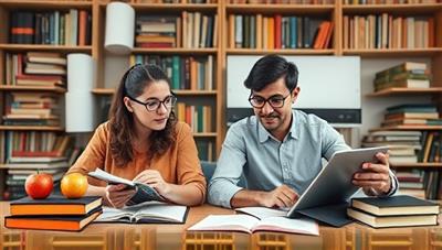 A digital collage featuring a mentor and mentee engaging in a virtual writing session, with books, notebooks, and digital devices in the background, symbolizing knowledge sharing, learning, and collaboration in the digital writing mentorship platform.