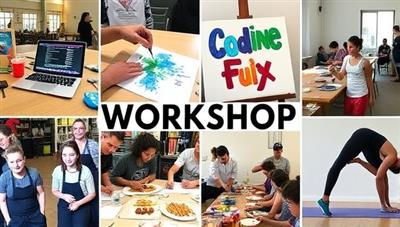 A dynamic collage of workshop images showcasing diverse activities like coding on a laptop, painting on a canvas, culinary cooking, and yoga poses, representing a vibrant and creative learning environment.