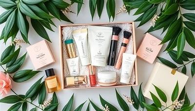 A beautifully curated flat lay of a niche beauty subscription box featuring a variety of full-size and sample beauty products aligned with the chosen niche theme, surrounded by lush greenery and elegant packaging, creating a luxurious and specialized beauty experience.