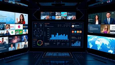 A futuristic dashboard displaying a sleek AI interface generating content in real-time, surrounded by digital screens showcasing diverse content types, symbolizing efficiency and innovation.