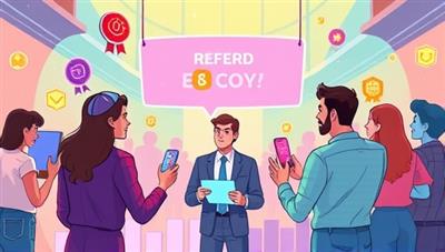 An energetic and colorful digital illustration showing employees engaging in a virtual quest, earning rewards and badges as they refer top talent to their company, creating a vibrant and collaborative atmosphere.