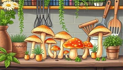 An artistic illustration of a kitchen countertop adorned with blooming mushroom kits in various stages of growth, surrounded by cooking utensils and fresh herbs, creating a cozy and sustainable indoor gardening scene.