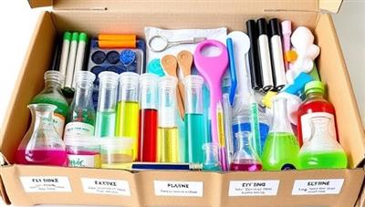 An array of colorful test tubes, beakers, and scientific equipment neatly arranged in a DIY science experiment kit box, with labels indicating exciting experiment names and educational benefits, inspiring young scientists to explore the wonders of STEM at home.