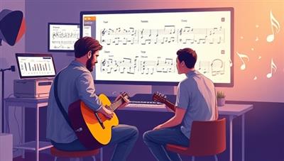 An inspiring digital illustration of a music instructor conducting a virtual guitar lesson with a student, showcasing interactive sheet music displays, audio mixing tools, and musical notes floating in the digital space, capturing the essence of online music education and mentorship on MelodyMentor.