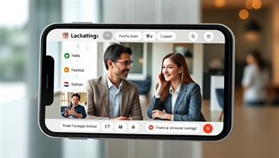 An app interface mockup showcasing professionals from different countries engaging in a virtual language exchange session, with business-themed visuals and interactive language learning tools, illustrating practical and engaging language practice.