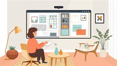 A digital illustration of a virtual interior design consultation session, showing a designer and a client discussing room layouts and color schemes on a virtual call, surrounded by design sketches and fabric swatches, conveying creativity and collaboration.