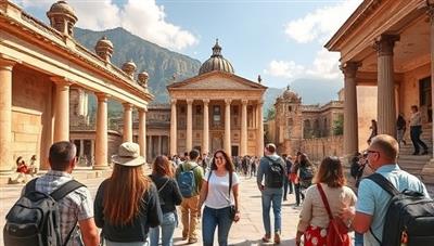 A captivating virtual tour setting with participants embarking on a historical journey through ancient ruins, majestic architecture, and cultural treasures, guided by a knowledgeable tour leader, capturing the essence of exploration and discovery at TimeWanderer Expeditions.