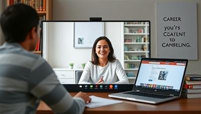 An online video call scene with a career coach providing guidance to a client, surrounded by career development books, a laptop showing job search websites, and motivational quotes, creating a supportive and professional atmosphere for career counseling.