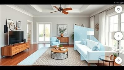 An AR visualization of a living room makeover, with digital furniture overlays, color palette suggestions, and decor accents superimposed in a real home setting, showcasing the transformative and interactive design process of ARchitectHome.