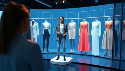 An interactive virtual fitting room where a user is trying on digital outfits displayed on a screen, with AI stylists providing real-time feedback and suggestions, creating a futuristic and engaging shopping experience.
