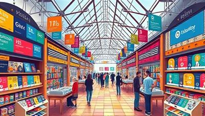 An artistic representation of a virtual marketplace filled with colorful tutorial icons, showcasing a variety of skills and subjects, with users interacting and exploring different tutorial categories, illustrating a vibrant and dynamic learning environment.