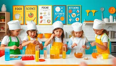A colorful kitchen laboratory setting with kids wearing chef hats and aprons, conducting food experiments with test tubes and mixing ingredients, surrounded by educational posters on food science and kitchen tools, creating a playful and educational culinary atmosphere.