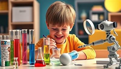 An imaginative scene of a child enthusiastically conducting a science experiment from the STEM subscription box, surrounded by colorful test tubes, a magnifying glass, and a miniature robot, showcasing hands-on learning and exploration.