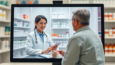 A virtual pharmacist consultation scene depicted on a computer screen, showing a pharmacist engaging with a patient via video call, with shelves of medications in the background, conveying professionalism and expertise in pharmaceutical care.
