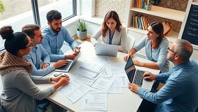 An image of a diverse group of people engaged in a lively discussion around a table with insurance policy documents and laptops open, symbolizing collaboration and expert advice.