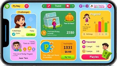 An engaging app interface featuring colorful characters, financial challenges, and progress trackers, with teens navigating through different money management scenarios and earning virtual rewards, creating an immersive and educational experience in financial literacy through gaming.
